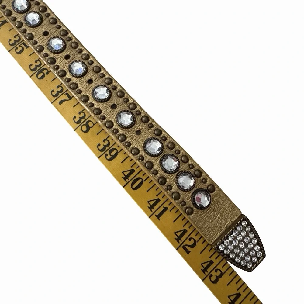 Gold Western Cowgirl Belt Studded Rhinestone Leather Crystals Sz L Rodeo Country